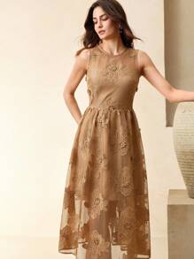 Anewsta Váy không tay họa tiết hoa lưới rỗng thanh lịch dành cho nữ, trang phục Boho xuân hè dành cho nữ, váy tốt nghiệp giản dị cho kỳ nghỉ xuân hè - Cà phê nâu - Xem 7