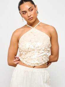 AiiRZ 亮片吊带短款上衣节日派对夏季晚会网眼衬里扇形装饰华丽无袖俱乐部晚装上衣 - 杏色 - 查看 4