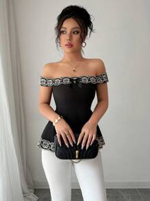 Chiquease Elegant Off-Shoulder Gold Embroidered Ruffle Waist Blouse, Spring/Summer - Black - View 4