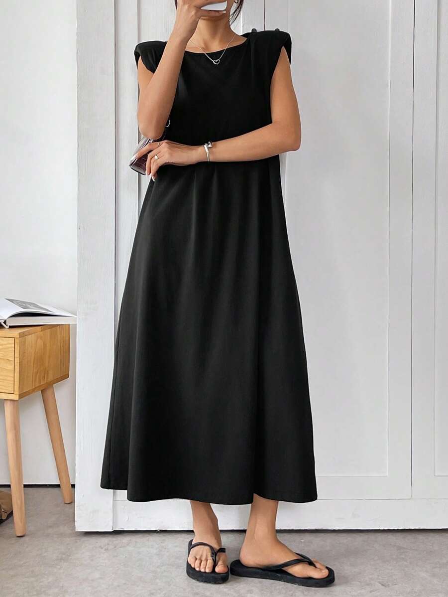 SHEIN EZwear Black Knit Women's Casual Loose Fit Round Neck Mini Dress - Black - View 1