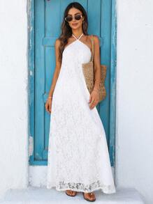 Vivid Eden 度假海滩白色蕾丝连衣裙，带挂脖领，适合春夏季 - 白色 - 查看 1