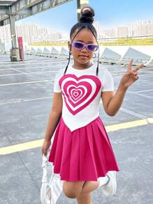 2pcs/Set Tween Girl Heart Print Short Sleeve Top And Pleated Hem Skirt, Casual Outfit