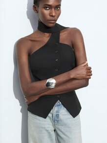 2025 Winter & Summer New Black Asymmetrical Cut Asymmetric Drape Neck Front Open Single-Breasted Women's Vest, Modern Elegant For Party, Urban Commute, Outing, Date, Party, Concert, Stage Performance, Brunch, Airport, Summer Holiday - Black - View 4