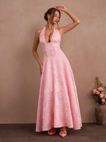 SHEIN Unity Elegant V-Neck Pink Bowknot A-Line Backless Dress, Spring/Summer - Pink - View 2