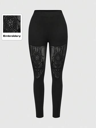 Goth Pantalón transparente con parches bordados en estilo gótico palaciego para mujer
