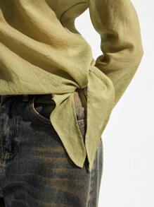 LYSMO 女式简约垂褶领口 T 恤，带开衩设计 - 綠色 - 查看 7