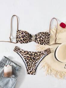 SHEIN Swim Bộ 2 món bikini nữ sexy họa tiết da báo, mẫu mới mùa hè, trang trí kim loại, dây rút, thiết kế rỗng - màu nâu - Xem 7