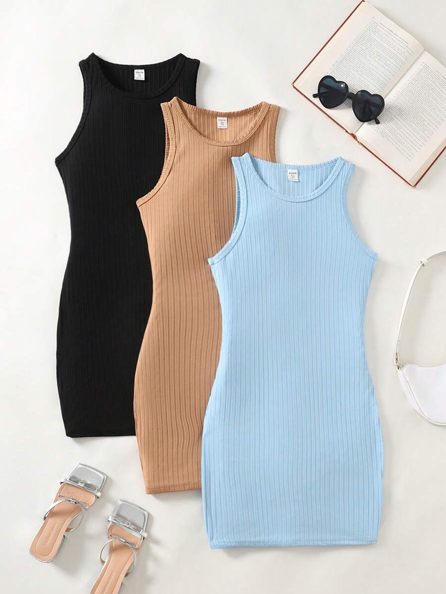SHEIN Bộ 3 váy liền thân không tay cổ tròn đan màu trơn đơn giản đa năng cho bé gái tuổi teen - Nhiều màu - Xem 1