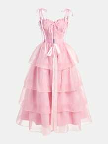 Vestido de 2 en 1 para adolescentes para la temporada de Eid/Boda, vestido corto lindo con decoración de lazo de encaje y tul sin mangas, con vestido largo con volantes desmontable, estilo elegante - Rosa - Ver 4