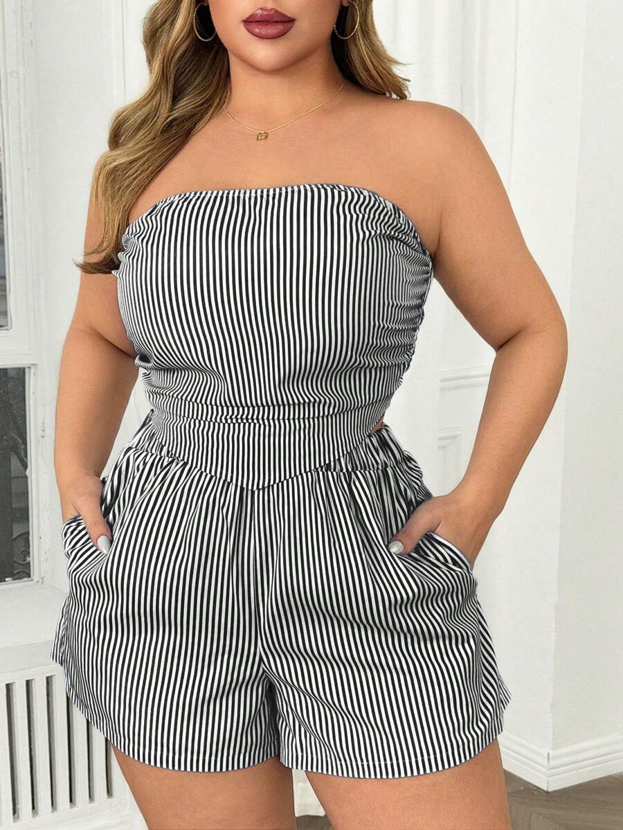 Elenzga Plus Size Classic Blue & White Striped Crop Top & Shorts Two Pieces Set, Minimalist & Casual - Black - View 1