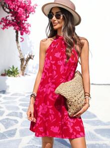 Vivid Eden Floral Print Sleeveless Short Dress For Women, Vacation Style, Spring And Summer,Printed Dress, Sleeveless, For Summer Beach Vacation,Casual Style,Festival,Romantic Vacation Dress,Summer Outfits For Women,Beach Outfits For Women