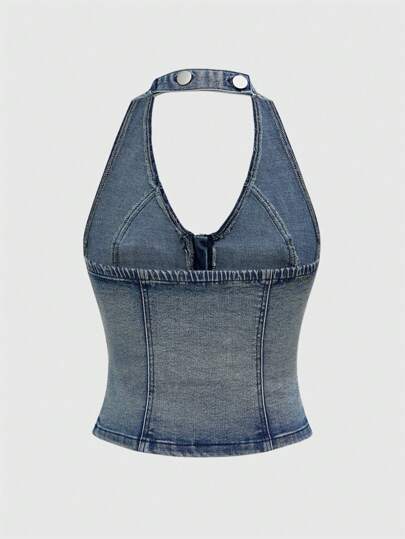 Grunge Punk Y2K Punk Sexy Crisscross Zipper Rivet Decorated Denim Skinny Deep V Backless Vest