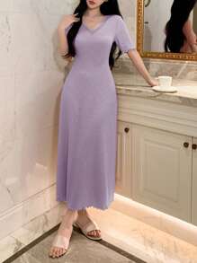 DAZY Minimalist Knit Fitted Lace Patchwork V-Neck Lounge Dress Pajama - Purple - View 5