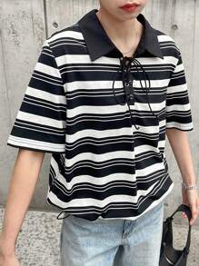 FRIFUL Camiseta holgada de mujer con cuello polo a rayas, manga corta y bloques de color