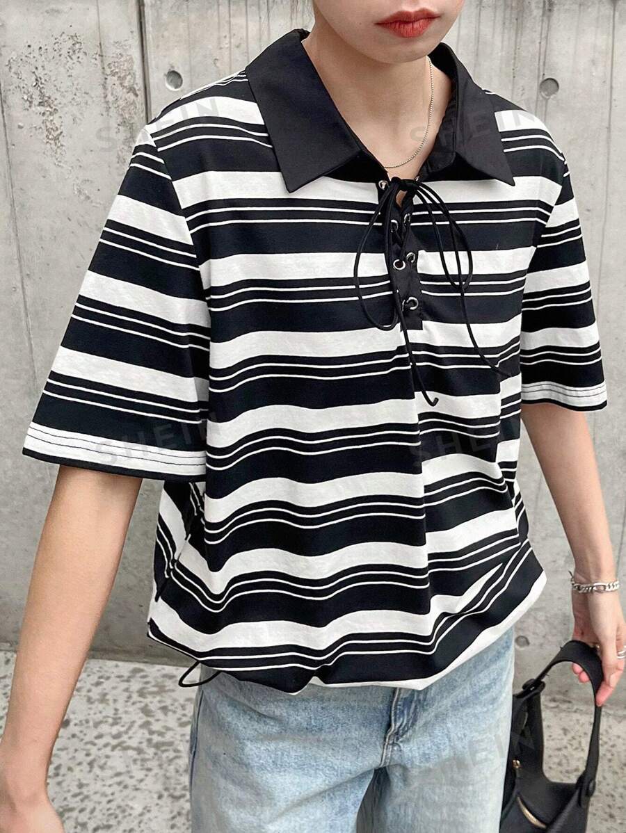 FRIFUL Camiseta holgada de mujer con cuello polo a rayas, manga corta y bloques de color