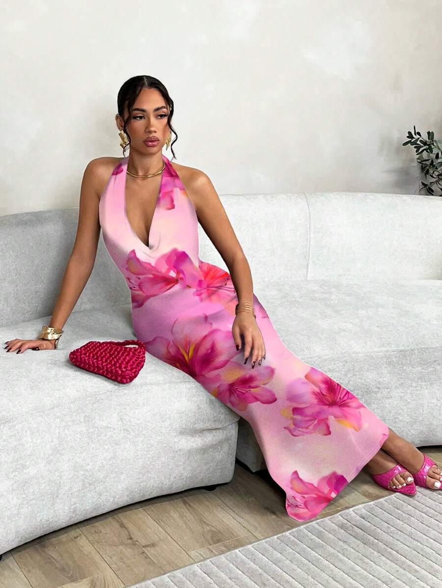 SHEIN BAE Women's Draped Neck Fishtail Dress/Pink Backless Dress/Island Resort Dress/Beach Resort Dress/Summer Dress/Birthday Party Dress/Hawaii/Beach Vacation Outfits /Vacay Outfits Women/Vacation Outfits Woman /Birthday Dresses For Women/Birthday Outfits For Women