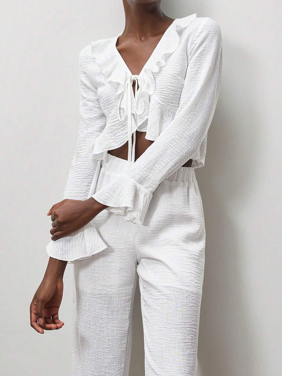 Lumivelle Women's Ruffle Trim Bell Sleeve Casual 2 Pieces Set - White - View 1
