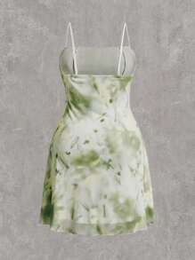 Solflare 大码女式无袖夏季彩色花卉印花网眼连衣裙，配有褶皱胸部和蝴蝶结装饰 - 軍綠色 - 查看 7