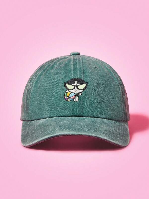 THE POWERPUFF GIRLS X SHEIN Lässige Baseballkappe mit gewaschenem Buttercup-Stickerei-Cartoon-Motiv