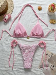 SHEIN Swim 2pcs/Set Summer Beach Vacation Floral Textured Fabric Twisted Rope Gold Floral Decor Top And Side Tie Drawstring Swim Shorts Bikini Outfit - Pink - View 2