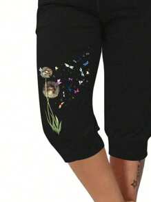 SHEIN LUNE Plus Size Casual Dandelion & Dragonfly Print Capri Pants - Black - View 4