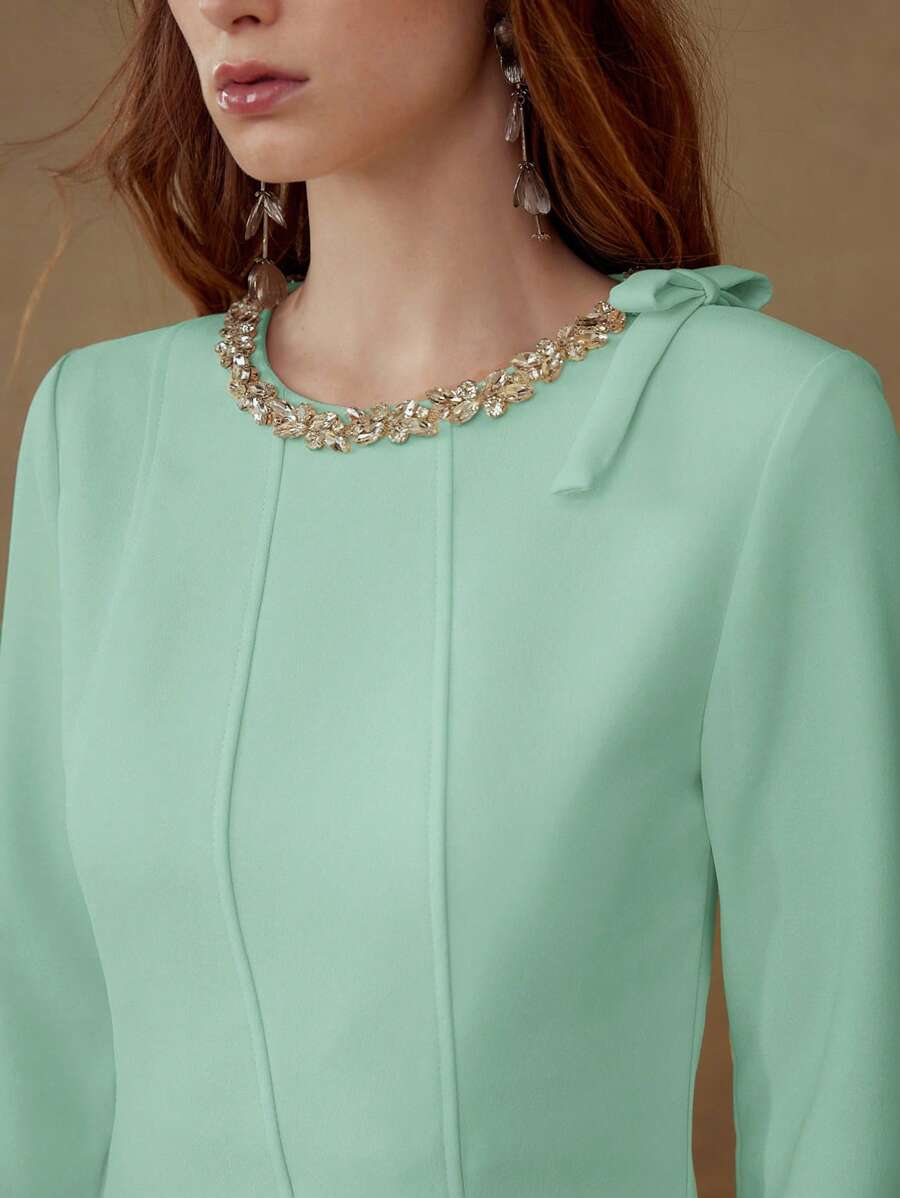 MOTF PREMIUM RHINESTONE DETAIL BOW DECOR DRESS - Mint Green - View 2