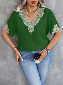 Celure Plus Size Simple Elegant Short Sleeve Shirt, Suitable For Summer - Dark Green - View 3