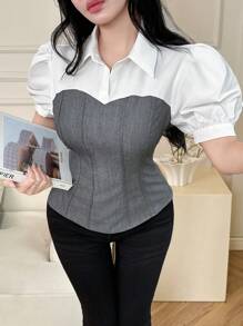 Modelyn 女士休闲泡泡袖二合一通勤衬衫 - 彩色 - 查看 4