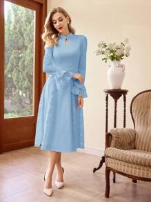 Vintamour 优雅复古 A 字形中式锁眼领撞色蕾丝喇叭袖连衣裙