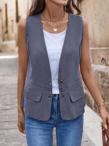 EMERY ROSE Women's Retro Pocketed Decorative Vest Jacket - Light Wash - View 5