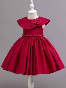 Glamorique Kids Little Girls Cute & Sweet Beach Holiday Dress, Red Flower Girl Wedding Dress, Sleeveless Beaded Back 3D Floral Decor Princess Gown Young Girls Clothing Dresses Young Girl Dress Formal - Red - View 3