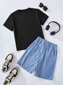 2pcs/Set Boys' Casual Round Neck Printed Top & Athletic Shorts, Cool Outfit For Summer - Black - View 2