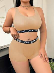 Plus Size Women Love Letter Print Camisole And Shorts Casual Lingerie Set