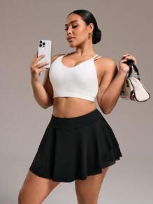 Easithlete Plus Size Double Layer Mesh Fabric Shorts With Liner And Pockets, Sportswear, Spring/Summer Tennis Skirt