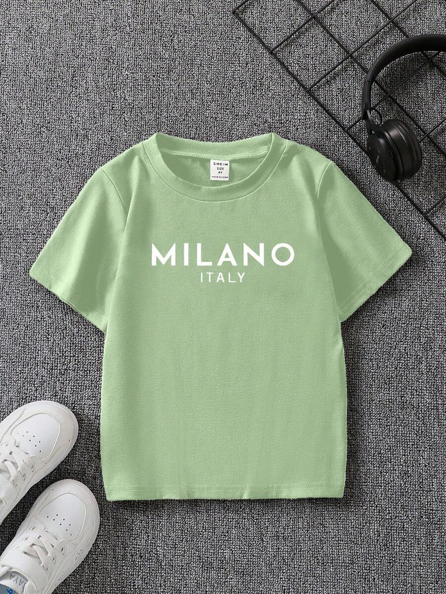 Maglietta casual a maniche corte con scollo tondo e stampa grafica "Milano Italia" per bambini piccoli - Menta Verde - Visualizzare 1
