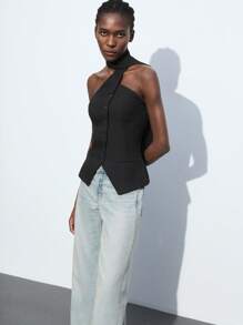 2025 Winter & Summer New Black Asymmetrical Cut Asymmetric Drape Neck Front Open Single-Breasted Women's Vest, Modern Elegant For Party, Urban Commute, Outing, Date, Party, Concert, Stage Performance, Brunch, Airport, Summer Holiday - Black - View 7