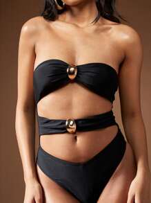 MISSGUIDED Glamour Metal Ring Cut-Out Monokini Luxury Bandeau High Rise Beach Swimsuit Retro Style Summer Holiday Resort Wear Women Designer One Piece - Black - View 3