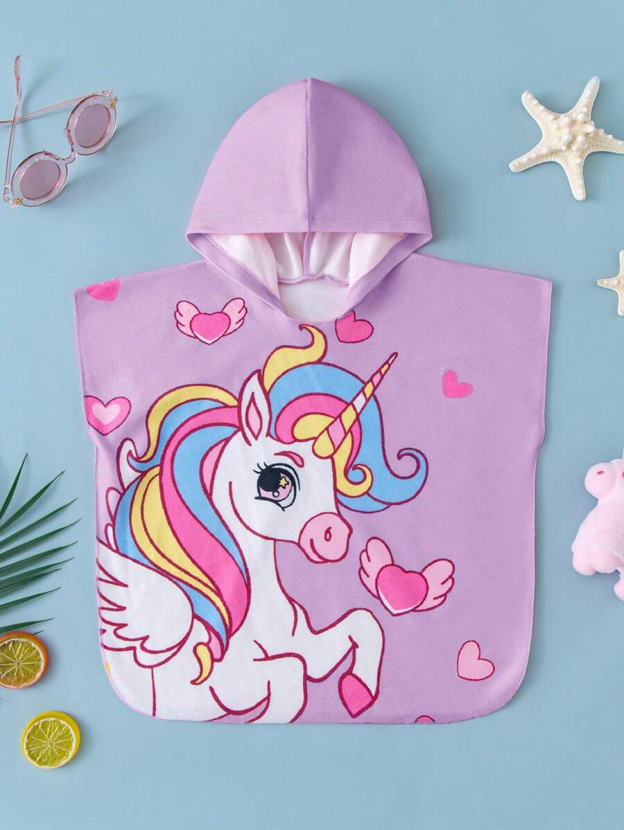 SHEIN Baby Girl Colorful Unicorn Knitted One-Piece Hooded Bathrobe Coverup, Suitable For Beach, Resort, Swimming Pool, Water Park - Mauve Purple - View 1