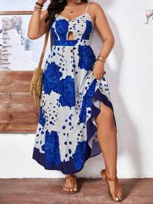 SHEIN LUNE Plus Size Twist Bust Cups Navy & White Rose Print Slip Dress With Adjustable Straps - Blue - View 3