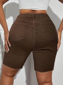 SHEIN SXY Plus Size Distressed Stylish Versatile Denim Shorts  Autumn Outfits For Women Festival Outfits Casual Biker Shorts - Coffee Brown - View 2
