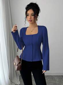 Elenzga 女士优雅休闲通勤纯色梯形圆领腰饰纽扣 A 字短长袖杏色衬衫，春秋冬女式衬衫 - 藍色 - 查看 5