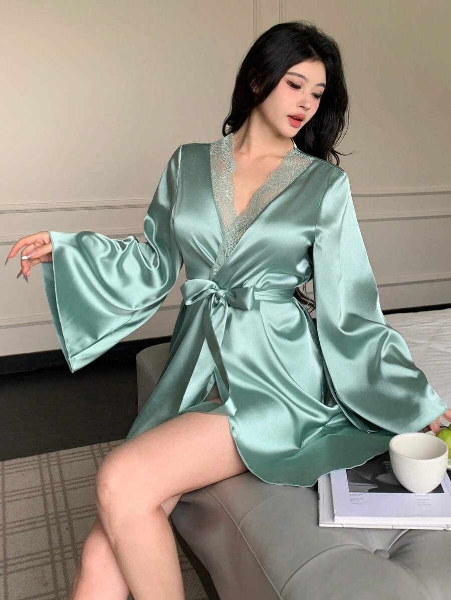 女士优雅纯色蕾丝拼接喇叭袖睡袍，奢华家居服，秋冬款 - 薄荷綠 - 查看 1