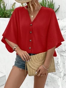 Breezaya Áo sơ mi nữ cổ chữ V tay cánh dơi - Đỏ - Xem 4