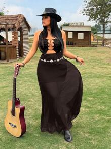 SHEIN EZwear Plus Size White Mesh Maxi Skirt: Flowy, Casual, And Stylish For Summer - Brown - View 4