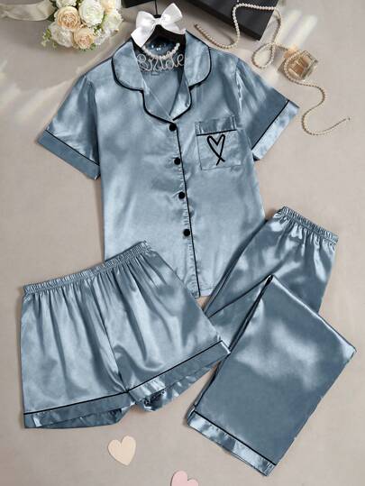 LuxeNights 3pcs Heart Embroidered Faux Silk Short Sleeve Shorts & Long Pants Sleepwear Set