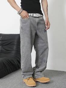 Manfinity Homme 男士休闲破洞字母刺绣牛仔裤