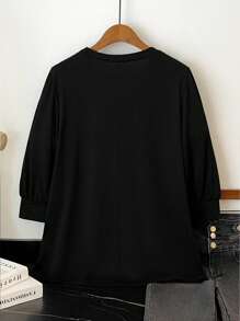 SHEIN LUNE Plus Size Casual Commute Decor Rhinestone Lantern Sleeve T-Shirt - Black - View 2