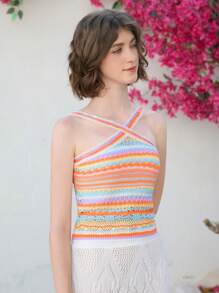 Skyraze Women's Vacation Casual Contrast Stripe Halter Neck Knit Top,Knit Floral Hollow Swimsuit Cover Up,  Summer Beach Vacation - Multicolor - View 5