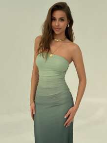 Aloruh Fitted Gradient Mesh Floral Print Strapless Dress,Rave Outfits Festival - Green - View 6