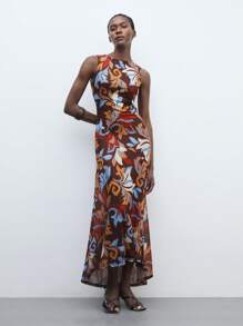 Maija 2025夏季新款碎花连衣裙，百搭风格，适合居家、办公、春季野餐等场合。这款无袖长裙采用网纱荷叶边下摆设计，不规则下摆，尽显现代优雅都市浪漫西部朋克Y2K乡村音乐节复古风情。适合机场旅行、婚礼宾客、生日、万圣节、商务休闲、约会、派对、郊游、返校季等各种场合，冬夏皆宜。 - 酒紅色 - 查看 6